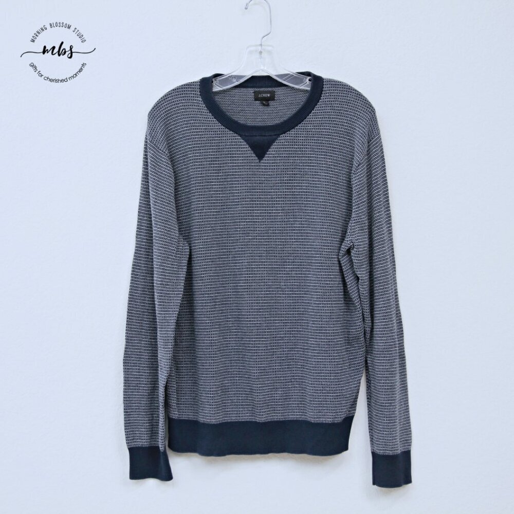 J. Crew Cotton Striped Bird's Eye Stitch Sweater Navy White L